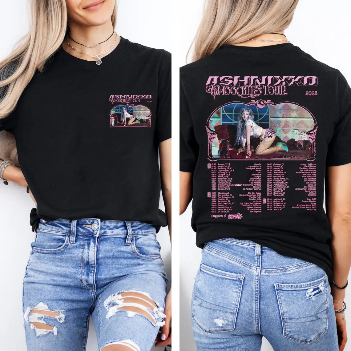 Women's Fitted Short-Sleeve Cotton Graphic Tee - Ashnikko Smoochies World Tour Digital Print, Round Neck, Hyperpop Rap Alternative Culture Top, Basics, Lady Streetwear Casual TikTok-Style Clothes, Fitted Cut