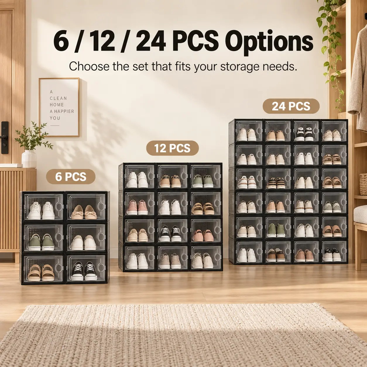 6/12/24pcs Thickened Transparent Shoe Boxes With Lid, Foldable Stackable Free Combination Shoe Rack, Plastic Sneaker Container, Space Saving Storage Organizer For Entryway Bedroom, Home Shoe Box Shoe Racks Shoe Storage Organizer Shelf