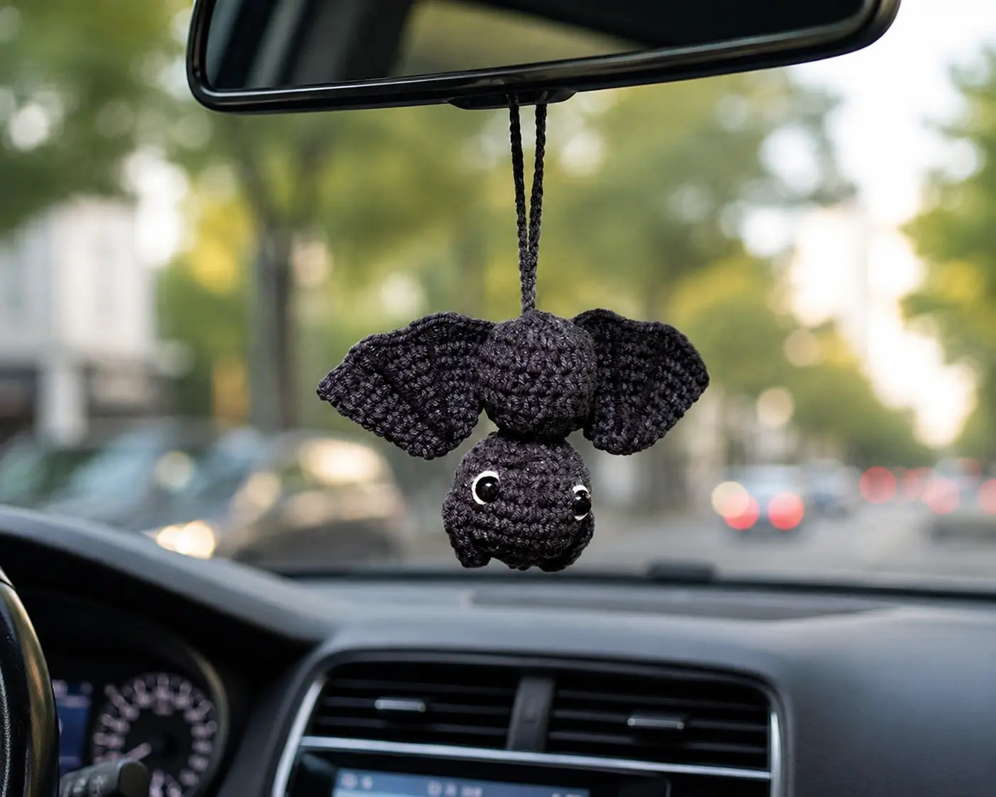 Black Bat Crochet Car Hanging, Halloween Rearview Mirror Charm, Spooky Bat Amigurumi, Gothic Car Decor, Halloween Crochet Gift