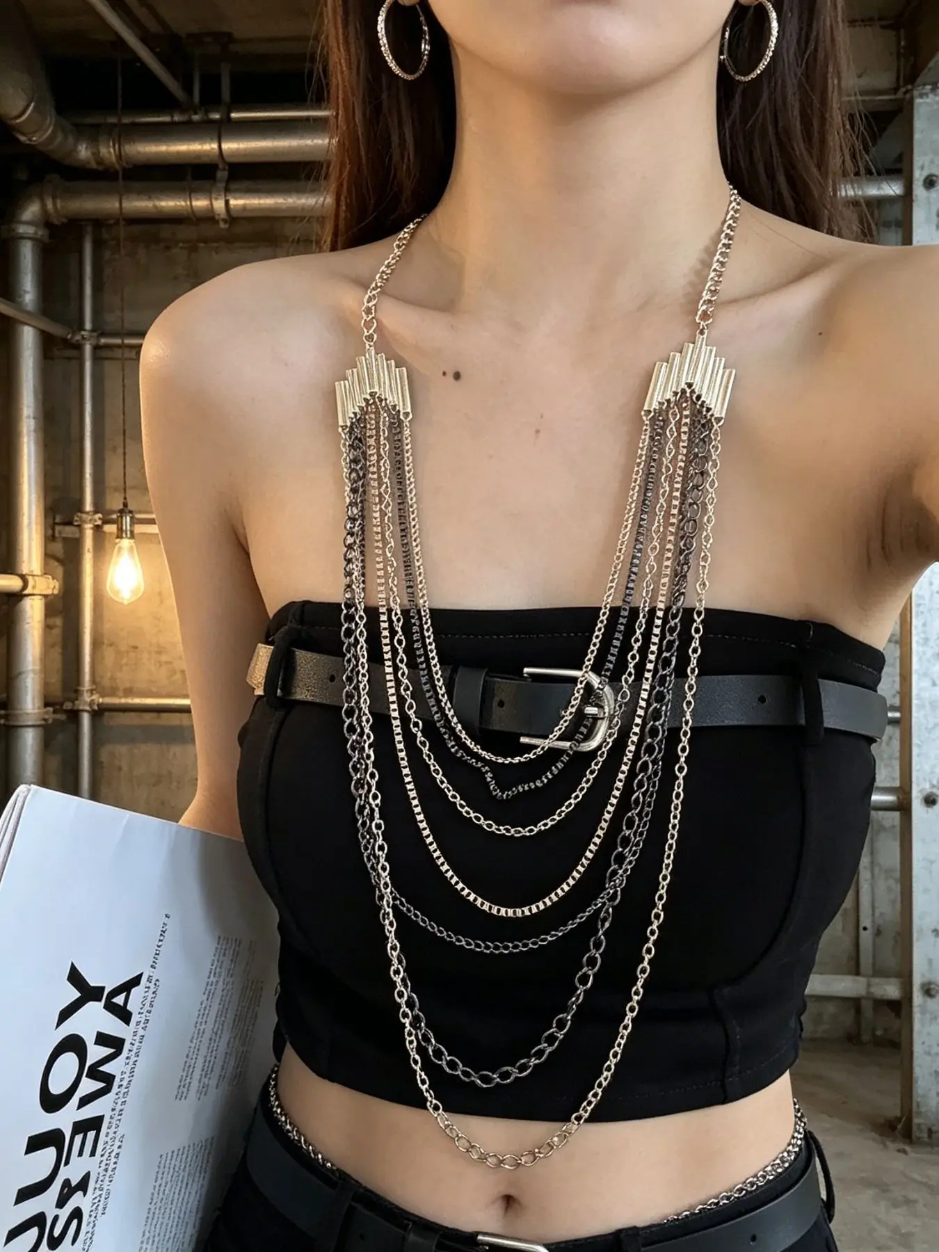 Multilayer Fringe Statement Necklace, & Silver Color Street Style Bold Necklace, Cool Festival Accessory