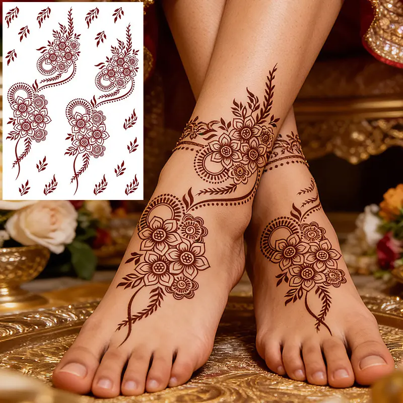 Brown Lace Temporary Tattoos 6-Piece Set - Waterproof Henna-Style Ethnic Tattoo Art Stickers for Sensitive Skin, Bridal Mehndi & Butterfly Designs, Ideal for Weddings, Parties, Body-Safe Ink Temporary Tattoos