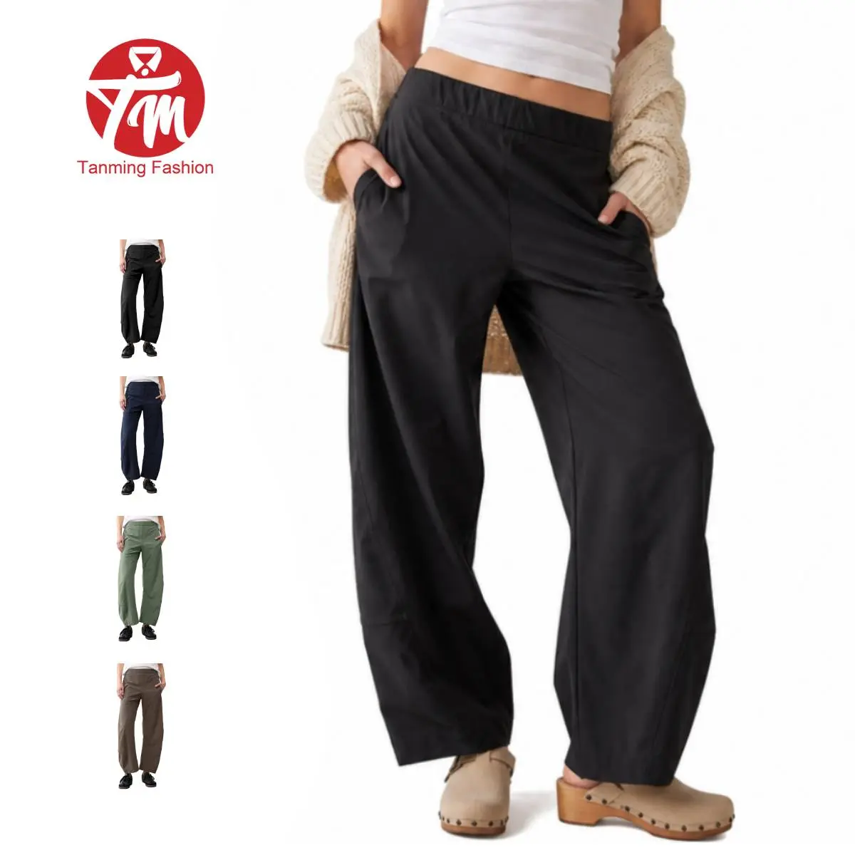 Tanming Women's High Waisted Barrel Leg Pants, Loose Fit Casual Pants with Deep Pockets, Stretchy Soft Fabric