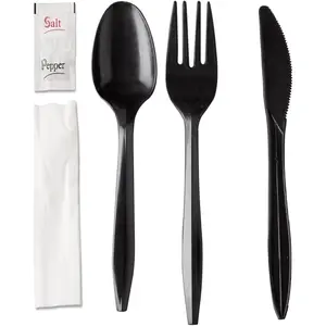 250 Disposable Plastic Cutlery Packets Individually Wrapped Bulk Cutlery Kits with Knife Fork Spoon Napkin Salt Pepper Black To Go Plastic Silverware