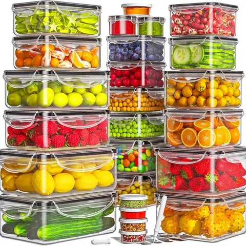 50PCS BPA-Free Durable Polypropylene Airtight Food Storage Containers Set with Silicone Lids (25 Containers, 25 Lids) - Stackable, Round/Square/Rectangular, Kitchen Gadgets for Fridge Organization, Meal Prep, with Labels & Marker Pen