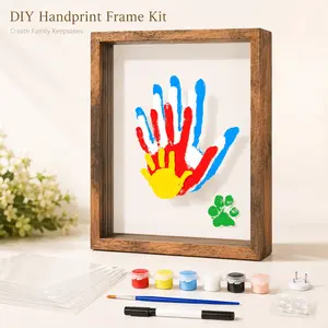 Wooden Transparent Handprint Frame Set - DIY Family Memorial Gift Kit with Acrylic Board, Colorful Paints, Box, Sheet, Holds Up to 4 Handprints for Home Decor