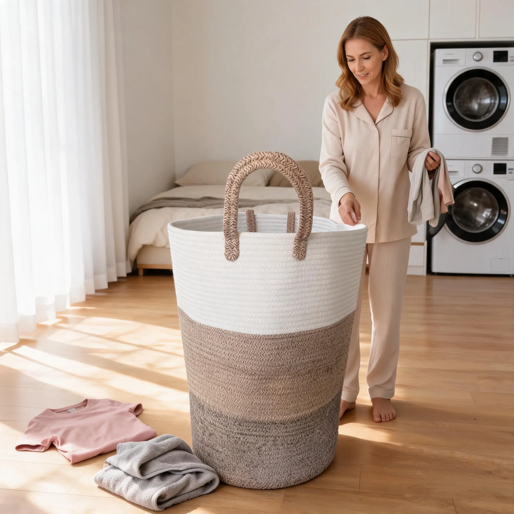 Extra Large Cotton Rope Laundry Hamper, 23.6" Tall Woven Laundry Basket with Handles, Back to School College Dorm Clothes Organizer，Large Capacity Clothes Storage Organizer for Laundry Room Bedroom Bathroom