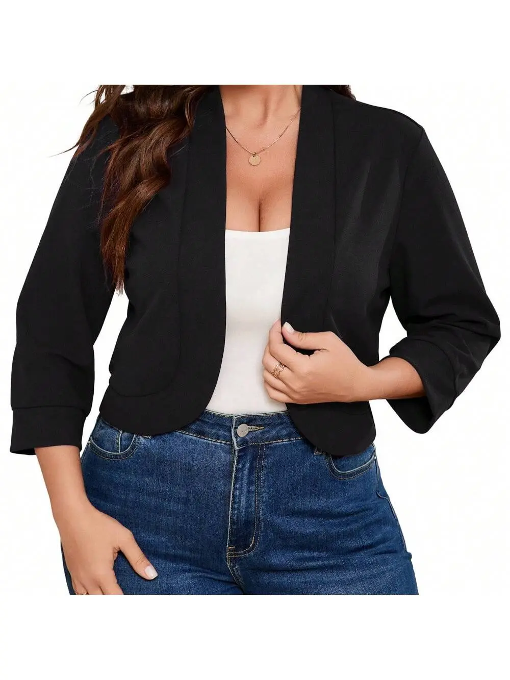 【Christmas Gift】Women's Plus Size Chic Open-Front 3/4 Sleeve Ruffled Hem Buttoned Cardigan Blazer, Soft Lightweight Clothes for Casual & Business Use, Cold Wash Compatible, Do Not Bleach Jacket