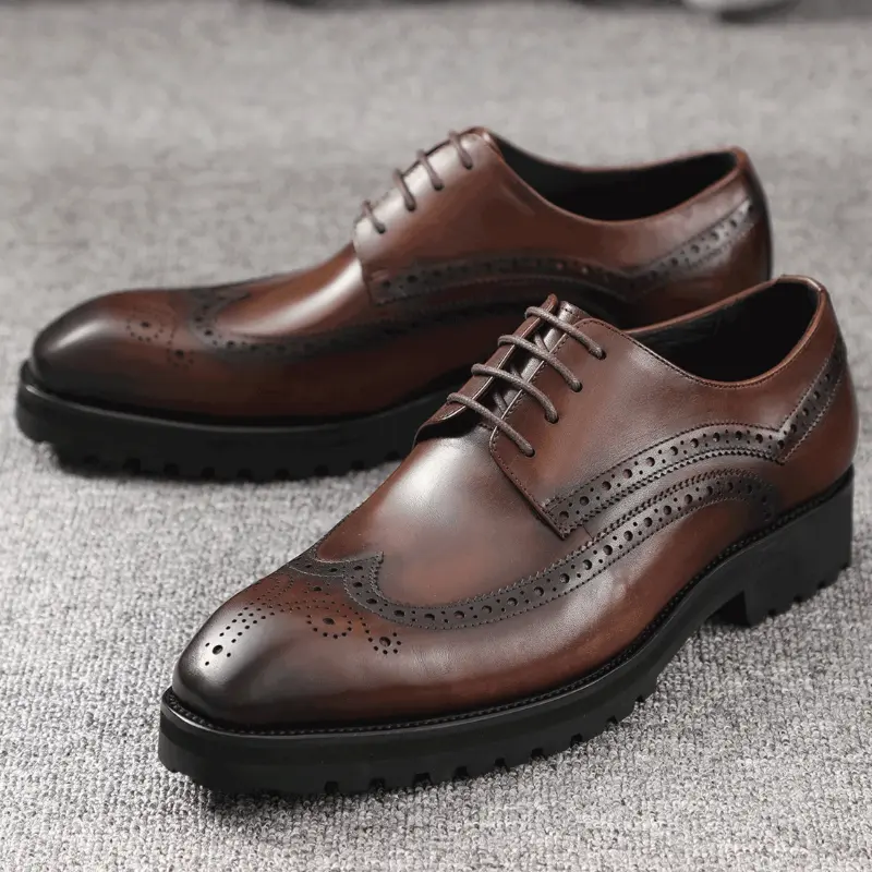 Men's Brogue Dress Shoes, Handcrafted Solid Cow Leather Lace-up Low Tops with Thick Soles for Business Casual Outfits, Male, Brogue Pattern, Bovine Leather