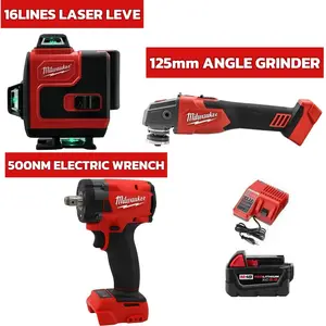 Milwaukee M18 Tool Set: 16 Lines Laser Level, 125mm Angle Grinder and 500NM Electric Wrench with Lithium Battery and Charger. It Serves Metal Cutting/Grinding and High-Torque Fastener Tightening in Building, Decoration and Machinery Repair Scenarios.