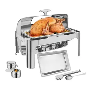 【GARVEE】Stainless Steel Rectangle Roll Top Chafing Dish Buffet Set, Available in 9QT with Full Size Pan Options (1x1/1 Pan and 2x1/2 Pan), Ideal for Weddings, Parties, Banquets, and Catering Events, 1 Pack