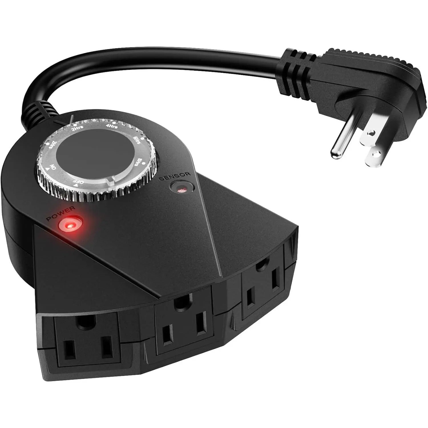Outdoor Waterproof 3-Outlets Timer - Grounded 3-Sockets Device with Photocell Sensor, 24-Hour/2/4/6/8-Hour Countdown, Auto Light Sensitivity, Dusk-to-Dawn On/Off, Energy-Saving for Backyard Garden Patio Pool Pump, Christmas Decorations, All Seasons Black
