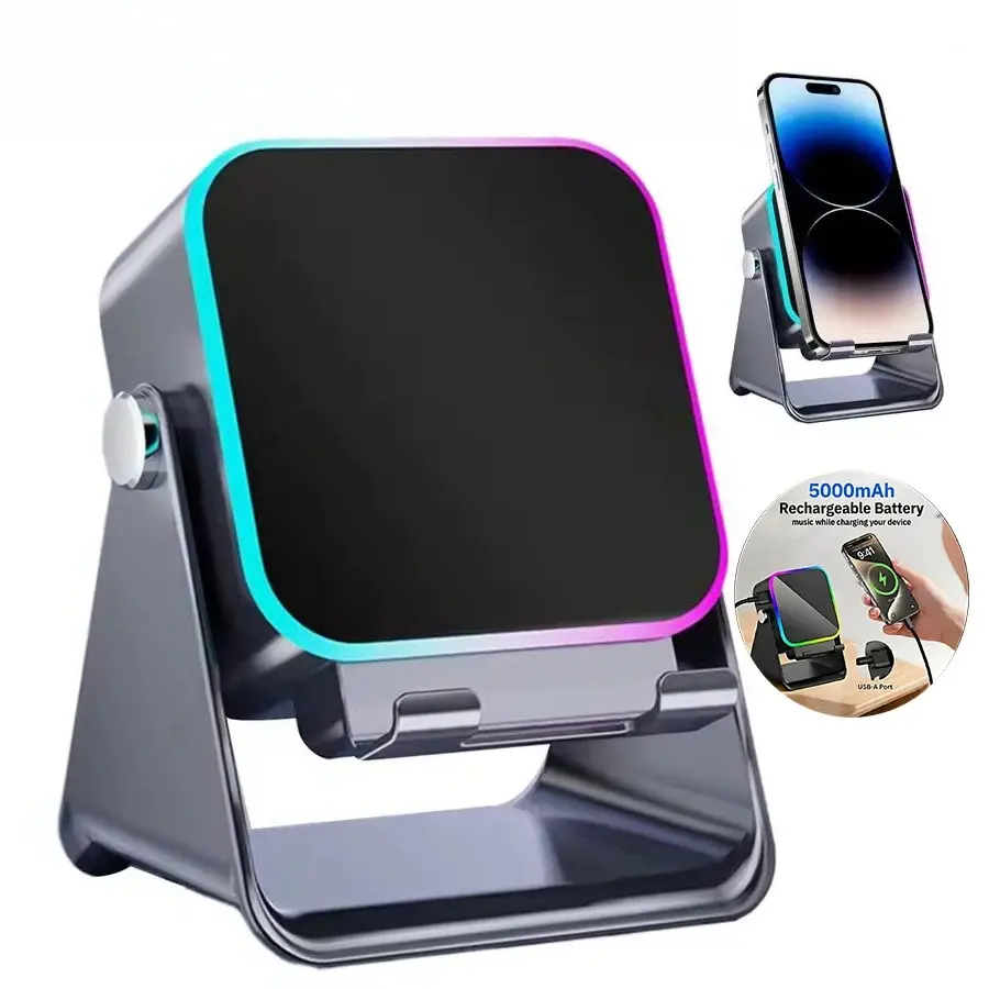 5-in-1 Auto-Induction Wireless Speaker with 8 RGB LED Lights, HiFi Sound, Portable Bluetooth Cellphone Mount, Smartphone Stand, Mobile Accessories Holder, Built-in Batteries – Ideal for Best Gifts (Phones & Electronics)