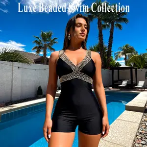 Premium Chlorine-Resistant Quick-Dry One-Piece Swimwear, UPF50+ Sun Protection, High-Elastic Nylon, Beaded V-Neck Tummy Control Slimming Swimsuit for Women