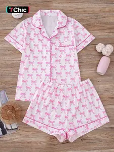 Summer Women's Loungewear Set, Girly Bow Print, Lightweight Button Down Sleepwear for Lazy Days
