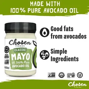 Chosen Foods 100% Avocado Oil-Based Classic Mayonnaise, Gluten & Dairy Free, Low-Carb, Keto Diet Friendly, Mayo for Sandwiches, Dressings and Sauces, Made with Cage Free Eggs (12 fl oz)