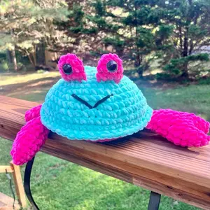 Crochet Crab - Pink and Green Handmade Knitted Sea Animal with Large Eyes and Tentacles