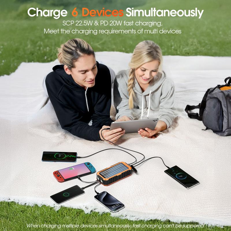 citicr Solar Charger Power Bank 40000mAh Built in 4 Cables and Hand Crank, Portable Charger 22.5W Fast Charger 6 Outputs & 2 Inputs External Battery Pack with Bright Flashlight and Compass，Level gauge