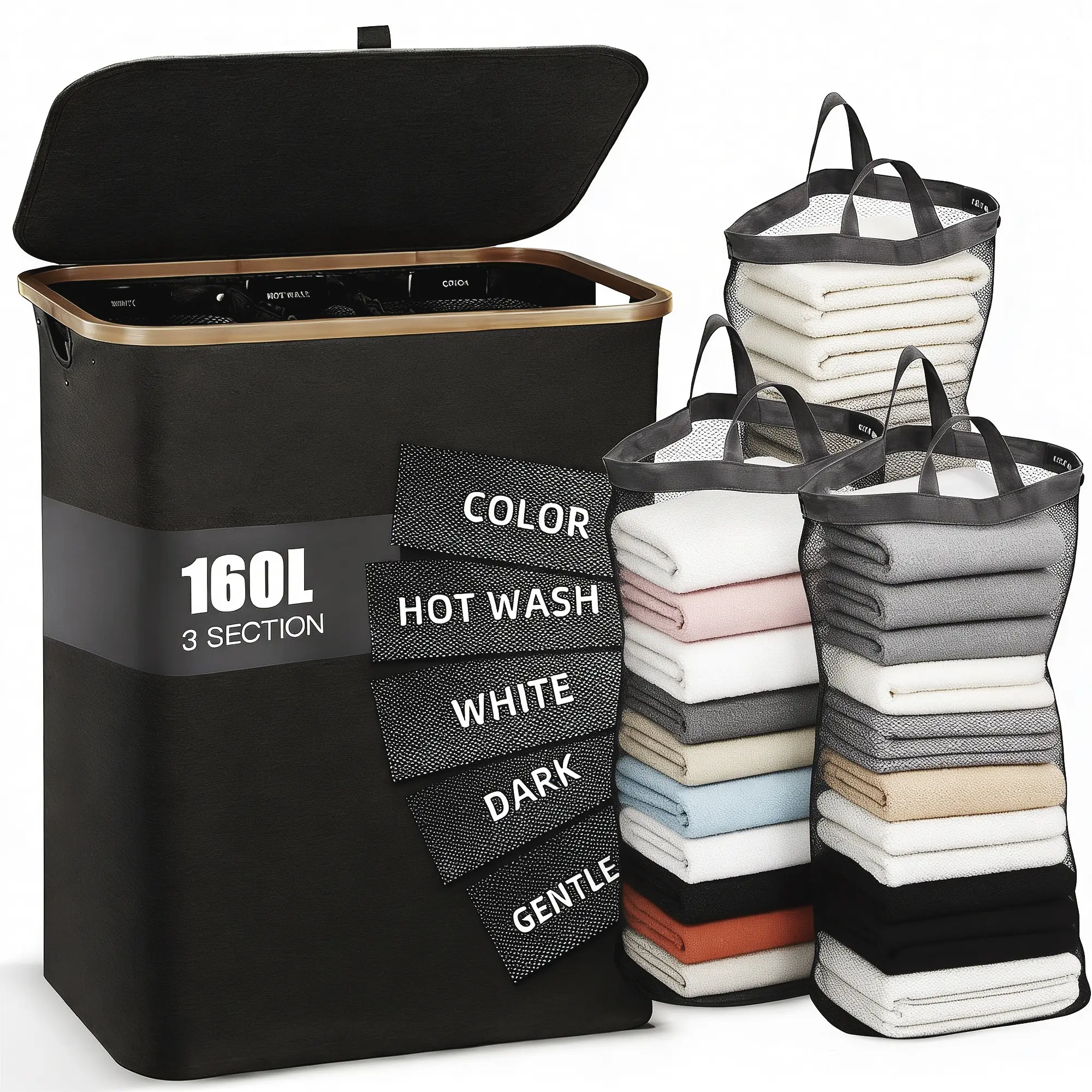 150L Extra Large 3-Compartment Laundry Basket - Portable Home Organizer Storage Basket with Lid, Reinforced Handles, Sturdy Rectangle Design for Bedroom, Laundry Room, 3 Sections for Everyday Indoor Use, Laundry Baskets