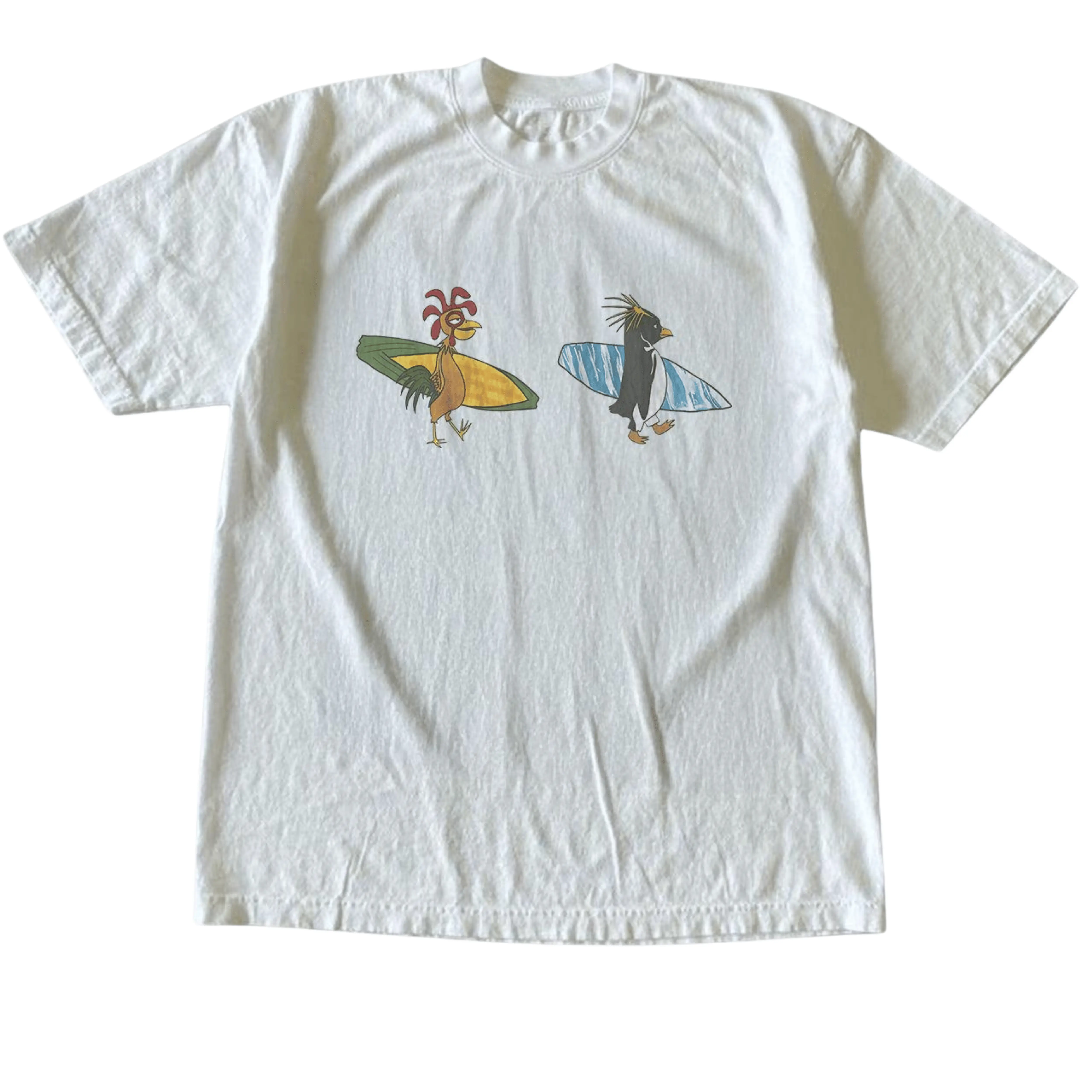 Gildan Men's and Women's T-Shirt, Vintage Style Cody Maverick & Chicken Joe Surf’s Up Graphic Tee, Unisex Casual Top, Cute Penguin Chicken Surfing Shirt, 2000s Nostalgic Movie Apparel, Matching Couples Outfits, Unique Birthday Present, Premium Cotton