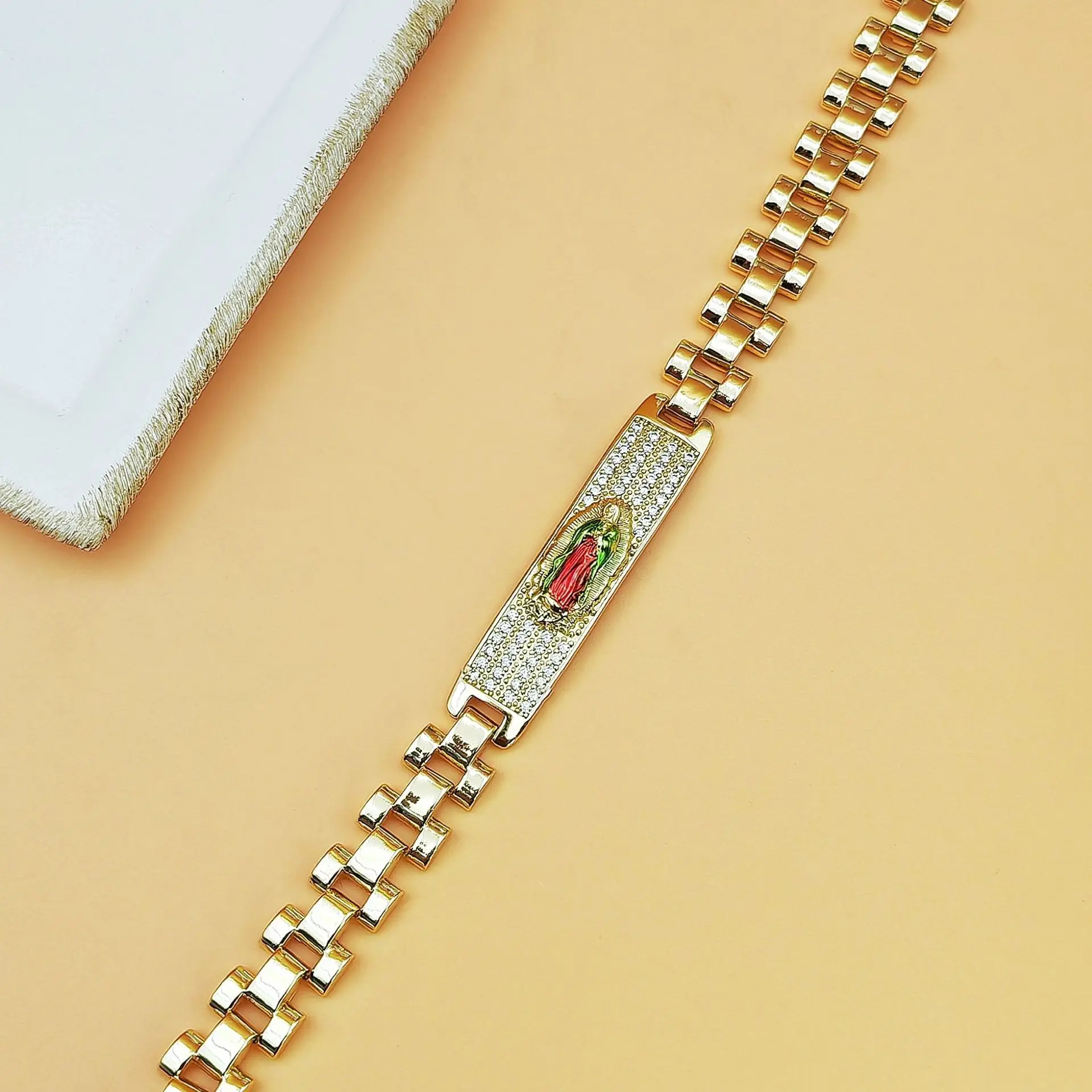 Rhinestone Bangle Bracelet - Unisex Religious Virgin Mary Icon Design, Casual Bling Arm Candy Accessories, Ideal Gift for Religious Individuals, Biblical Themed Costume Jewelry