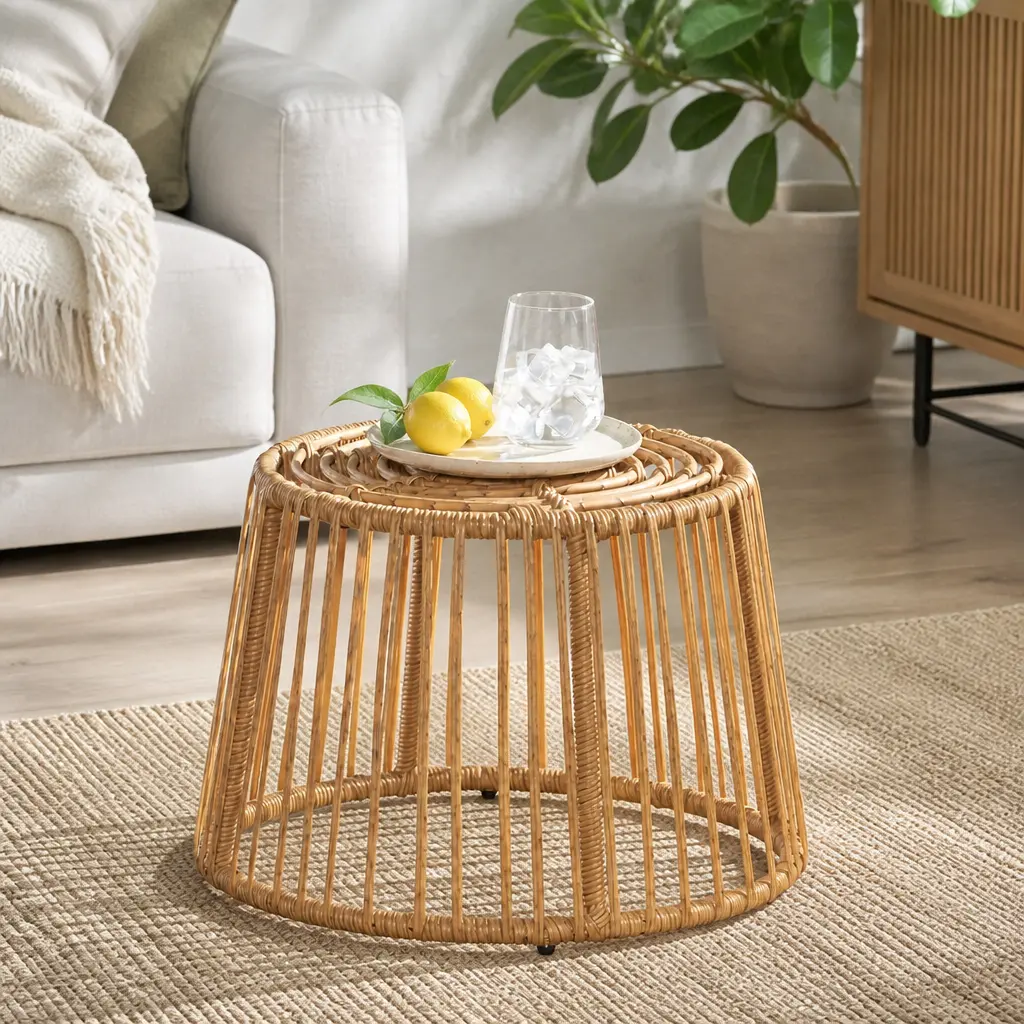 Boho Rattan Side Table Round Wicker End Table Outdoor Patio Accent Table for Living Room Bedroom Balcony