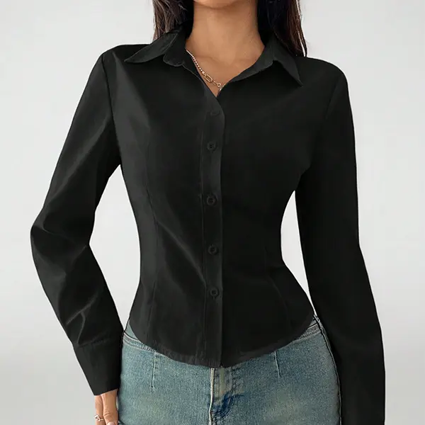 Korean-style hot girl slim-fit white shirt with a cinched waist, long sleeves, turn-down collar, single-breasted design, cropped cut that flatters the figure, solid color, versatile blouse