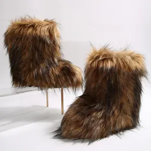 Women's Plush Boots Winter Warm Furry Indoor Outdoor Shoes Fluffy Mid-Calf Flat Boots