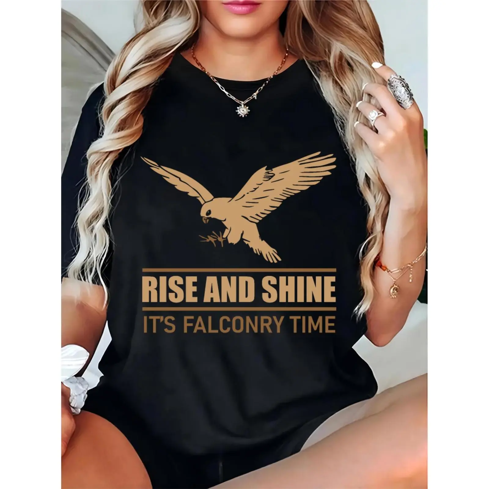Women's Basic Essential Black Short-Sleeve Casual T-Shirt with Golden Falcon Print, "Rise and Shine It's Falconry Time" Slogan - Elegant Pick for Falconry Enthusiasts, Day Wear, Skirts, Round Neck, Comfortable, Shortsleeve, Simple