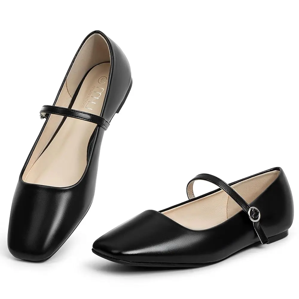 MUSSHOE Women’s Black PU Mary Jane Slip-On Flats - Walking Shoes, Casual Flats, Square Toe, Smooth, Adjustable Buckle, Slip-Resistant, Classic Chic Footwear for Work, School