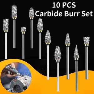 10PCS Carbide Burr Set with 1/8'' Shank Double Cut Solid Carbide Rotary Burr Set for Die Grinder Drill, Metal Wood Carving, Engraving,Polishing,Drilling