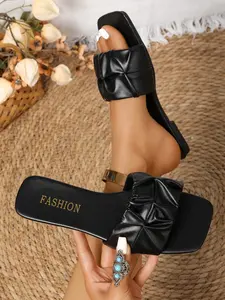 Women's Square Toe Metal Buckle Flat Sandals, Casual Plain Design, Textile Upper, Rubber Sole, Minimalist Luxurious Style, Footwear