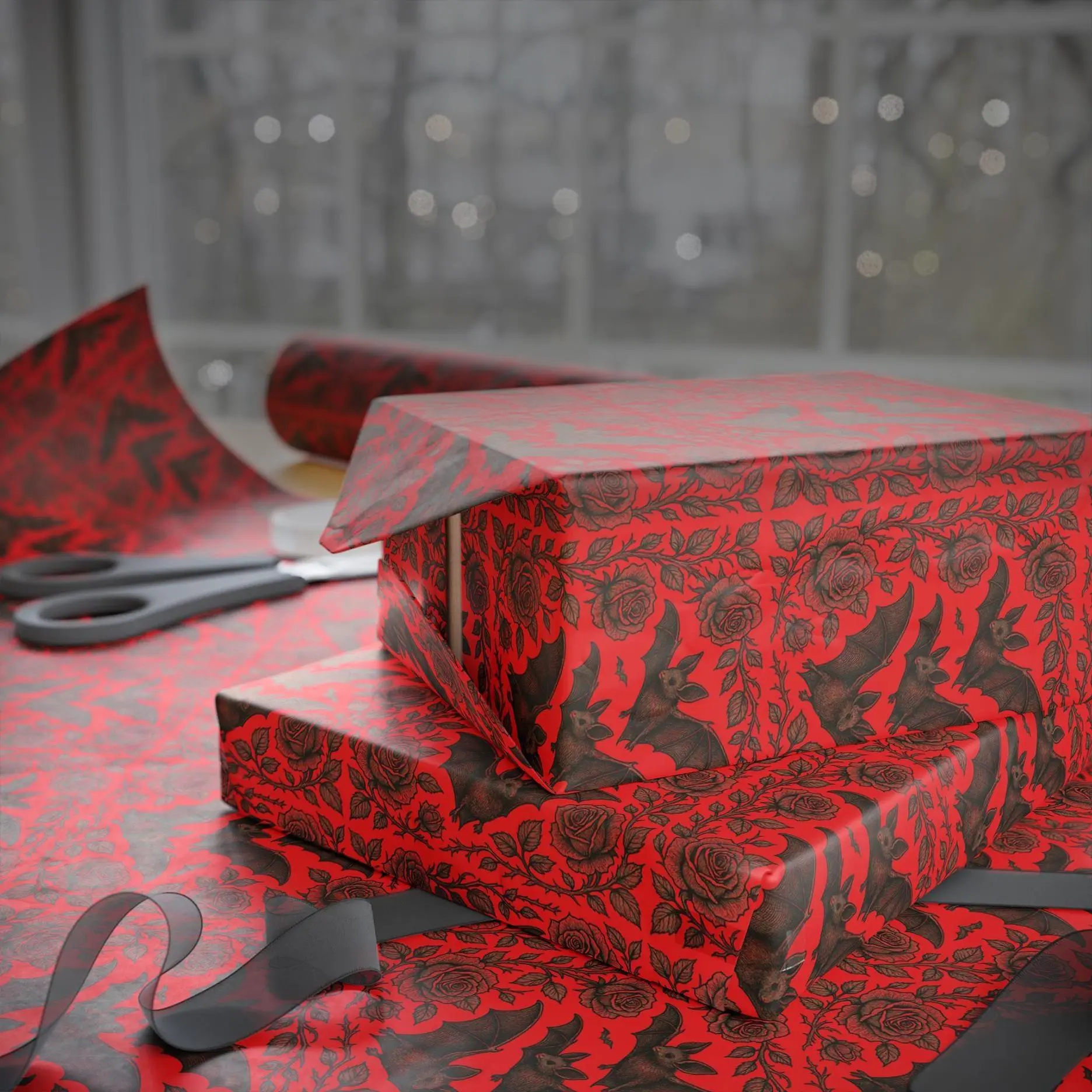 Bats and Roses Red Wrapping Paper, Dark Academia Gothic Gift Wrap, Romantic Bat Floral Present Paper with Moody Victorian Goth Aesthetic