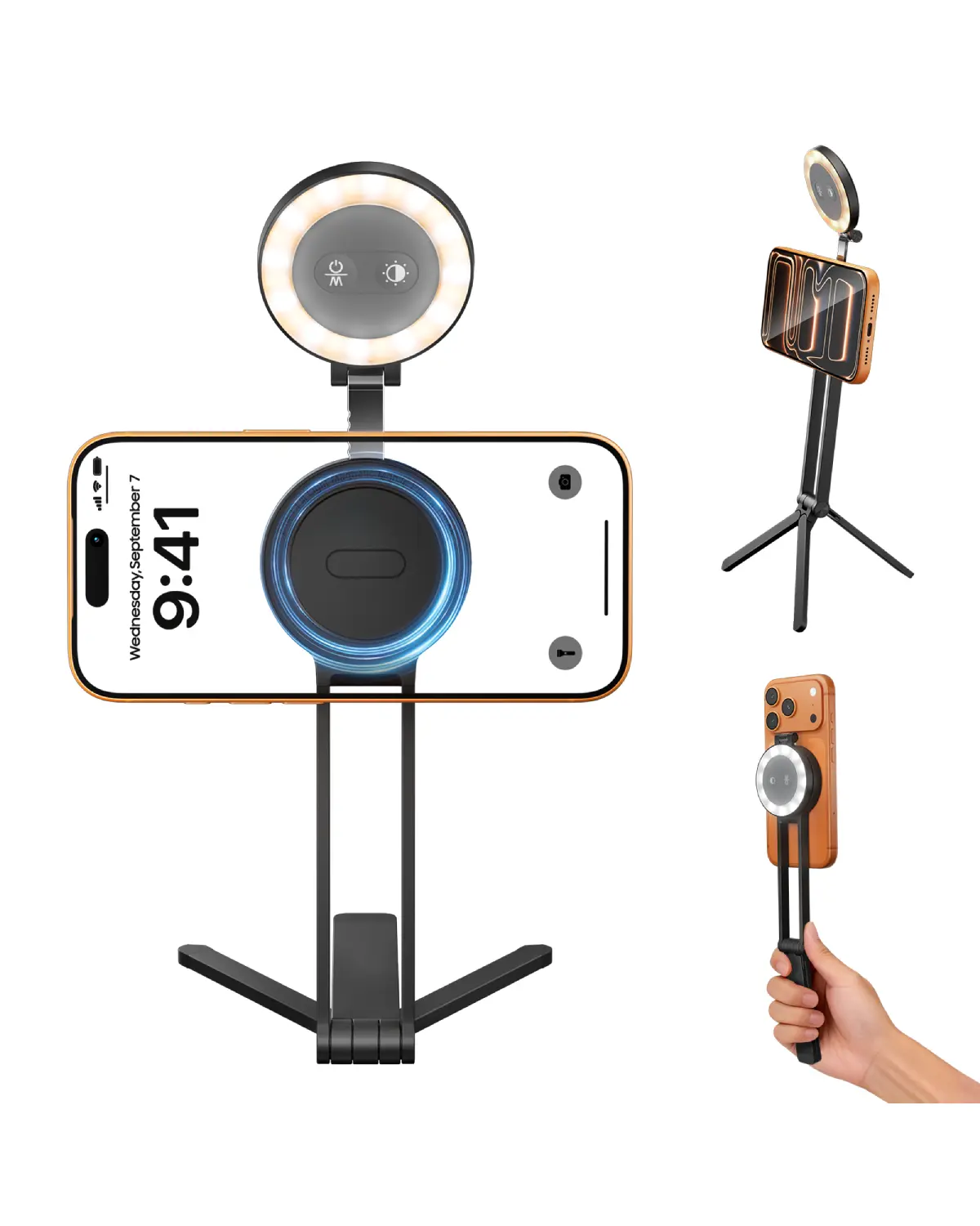 2-in-1 Magnetic Phone Tripod Magnetic Selfie Light for Magsafe Tripod Phone Mount Smartphone Stand Selfie Stick with Fill Light for iPhone Accessories