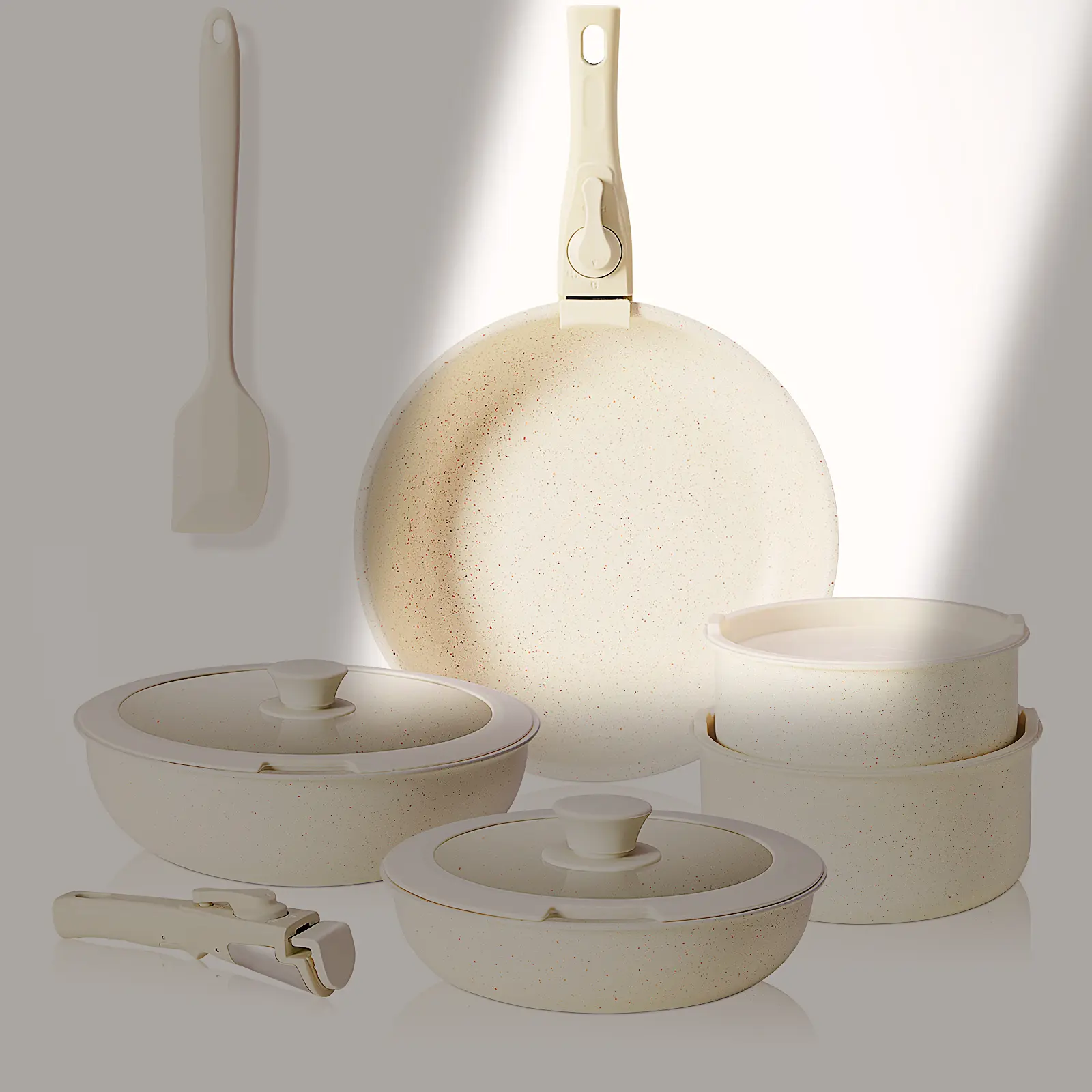 Beige 12-Piece Non-Stick Granite Cookware Set with Detachable Handles, Dishwasher-Safe Pots & Pans for All Stovetops, Space-Saving Stackable Design, Healthy & Easy Clean Kitchen Upgrade Oil