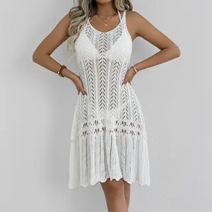 Mixed Openwork Cable Knit Spaghetti Strap Beach Cover Up Dress