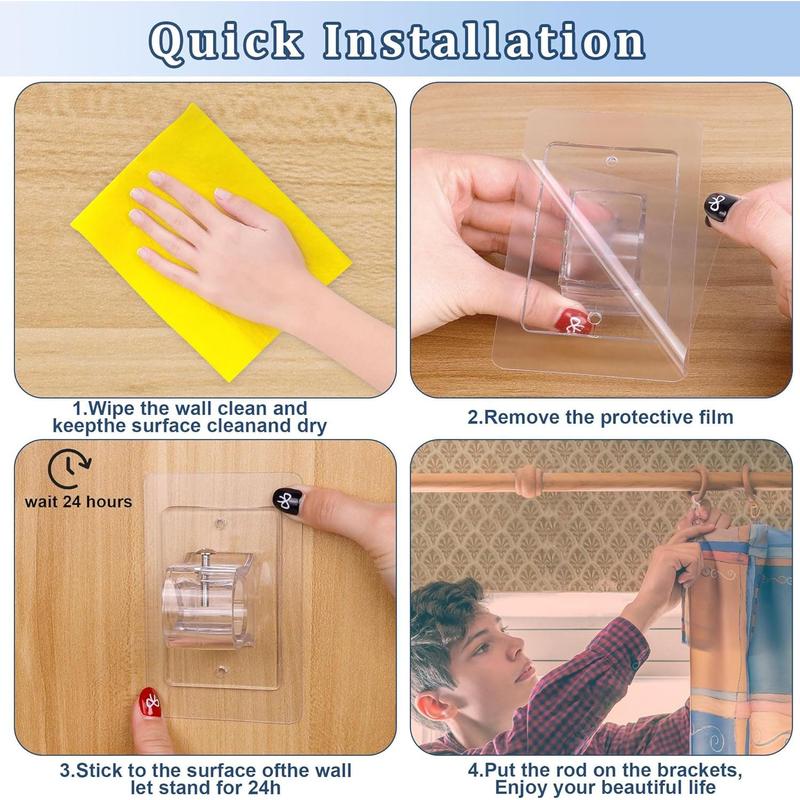 8PCS Self Adhesive Curtain Rod Holder No Drilling,No Drill Curtain Rod Brackets,Renter Friendly Draper Rod Hook,Nail Free Adjustable Non Screw Drapery Pole for Apartment Window Wall Door Ceiling Mount