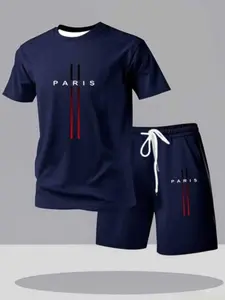 Men's Outdoor Summer Set, Trendy Short Sleeve Round Neck Quick-Dry T-Shirt, Letter Print Retro Stripes, Streetwear Essential Fashion Clothes