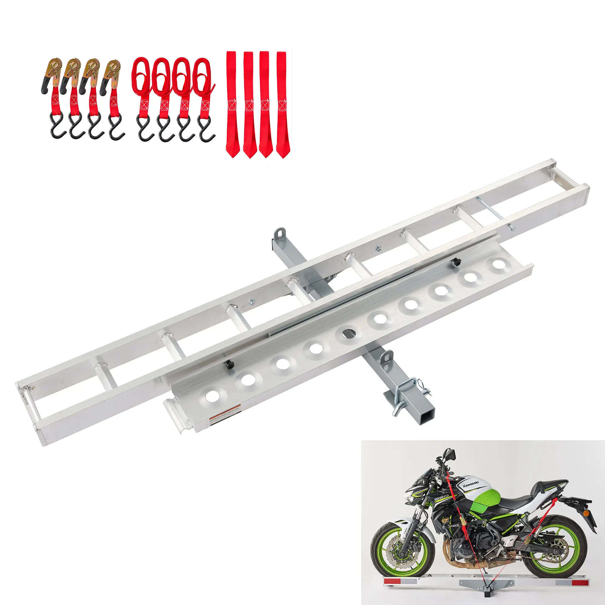 Aluminum Motorcycle & Scooter Tow Hitch Mount Carrier with 3' 11"L x 5.5"W Roll-On Roll-Off Ramp, 400lb Capacity, Anti-Rattle Stability, 2" Receiver Fit, Powder Coated Rust-Resistant, Lightweight, Easy Setup (Assembly Required) for Outdoor Transportation
