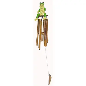WorldBazzar Hand Carved Large Beautiful Bamboo Wood Frog Wind Chime Tropical Art, Pink, White, Brown, Red