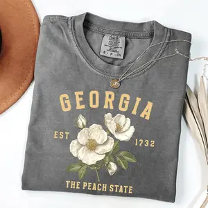 Comfort Colors Georgia Cherokee Rose Graphic Tee, The Peach State T-shirt, Vintage Floral State Shirt, Flower Southern Vacation Womenswear Top
