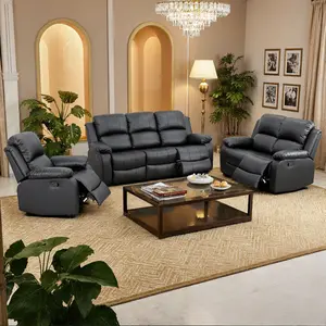 Super High-End Luxury Black Breathing Leather 3-Piece Recliner Sofa Set with LED Lights & USB Charging Cup Holder for Living Room