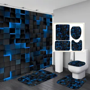 4Pcs Blue Shower Curtain Set 3D Cubes Bathroom Sets Modern Shower Curtain Set for Bathroom Sets with Rugs Black and Blue Shower Curtain with 12 Hooks