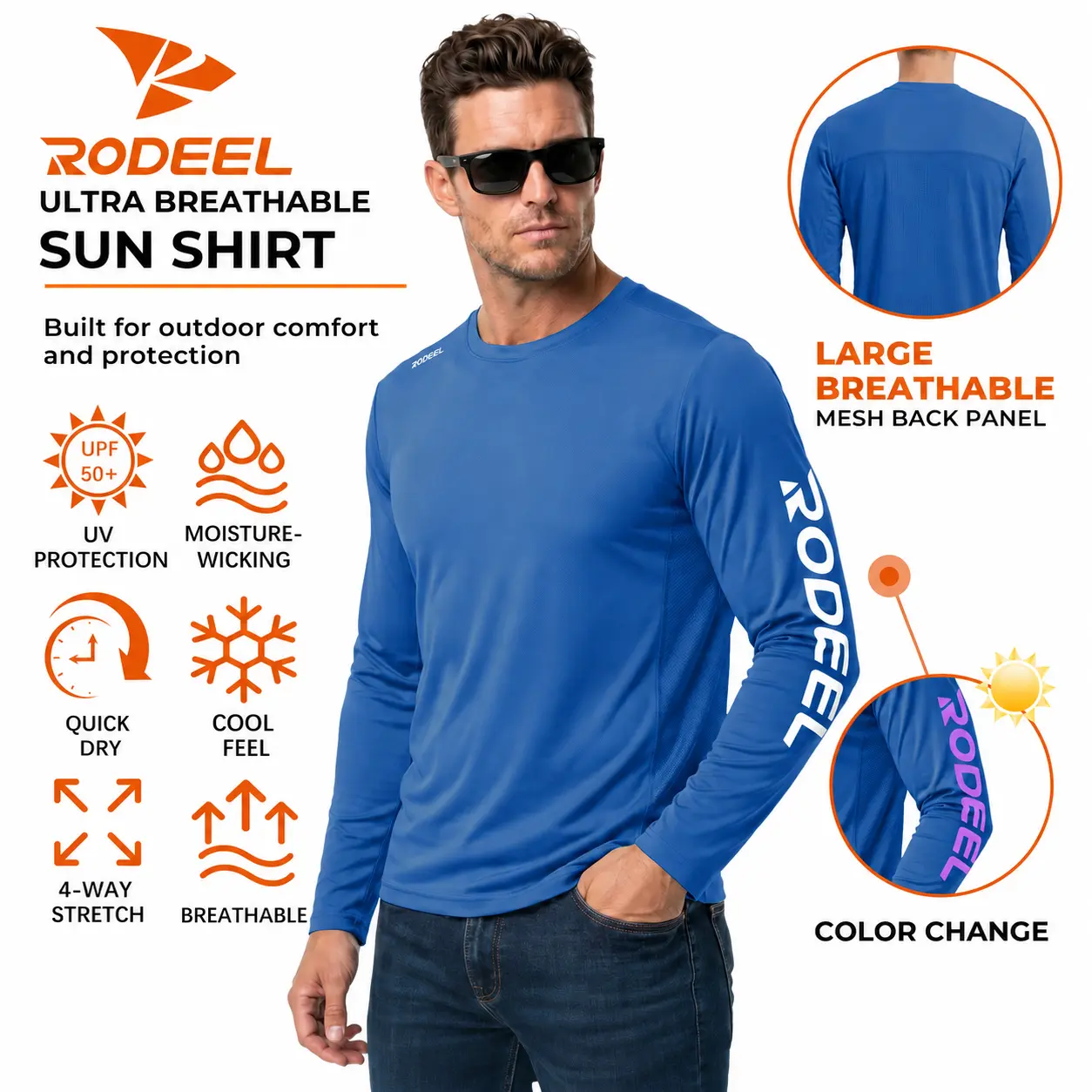 RODEEL 961 Long Sleeve Shirts Men UPF 50+ Sun UV Protection Lightweight Quick Dry Moisture Wicking Breathable Cooling Activewear for Outdoor Sport Gym Workout Hiking Camping Running Fishing Boating Construction Landscaping, SummerVibes