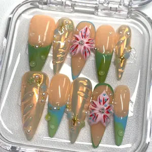 3D Reusable Handmade Green Press-On Nails – Acrylic  Summer New Style