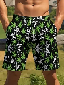 Hemp Leaf Skull Pattern Men's Beach Pants, Summer Quick-Dry Casual Shorts, Fashion Graphic Swim Trunks, Slim-Fitting Above Knee, Swimming Trunks, Summer Swim Bottoms