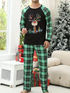 Men's Casual Christmas Reindeer Printed Pajama Set - Long Sleeve Crew Neck Top and Geometric Pants, Slightly Elastic Polyester Knitted Fabric, 95% Polyester 5% elastane, Loose Version, Autumn and Winter Pajamas, Pajamas for Adults (2 Pieces)