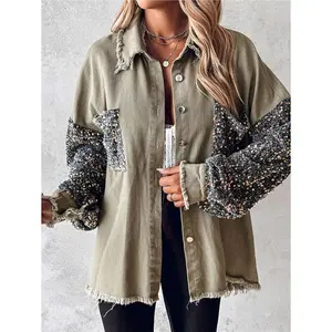 Autumn Winter New Arrival Casual Jacket Sequin Patchwork Long Sleeve Jacket Top Button Front Raw Hem Oversized Denim Shacket Fall Winter ​