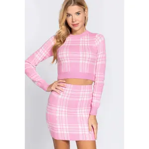 Long Slv Check Crop Sweater