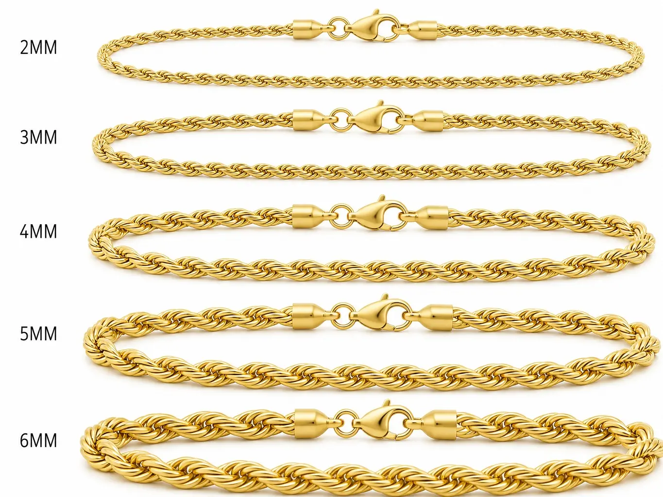 Gold Stainless Steel Rope Chain Bracelet for Men & Women | 2MM 3MM 4MM 5MM 6MM Sizes Gold Stainless Steel Rope Chain Bracelet for Men & Women | 2MM 3MM 4MM 5MM 6MM Sizes