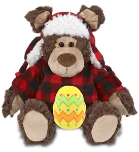 DOLLIBU 9-Inch Polyester Stuffed Grizzly Animal Toy - Red Plaid Outfit, Yellow Easter Eggs, Spring Theme, Personalized Gift Option